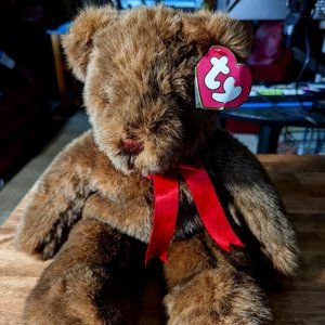 Ty 1990 PJ Brown Teddy Bear Red Bow Vintage Plush
